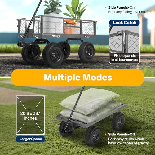 VIVOHOME Heavy Duty 880 Lbs Capacity Mesh Steel Garden Cart Folding Utility Wagon with Removable Sides and 4.10/3.50-4" Wheels 10 inch Tire (Black)