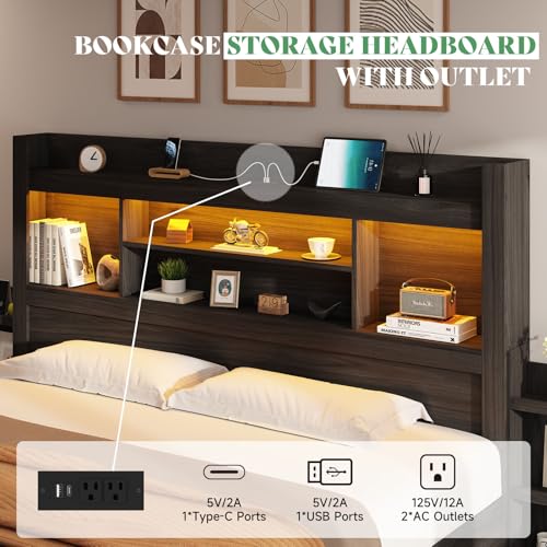 AMERLIFE Queen Bed Frame with 4 Storage Drawers, LED Platform Bed with 49" Bookcase Headboard