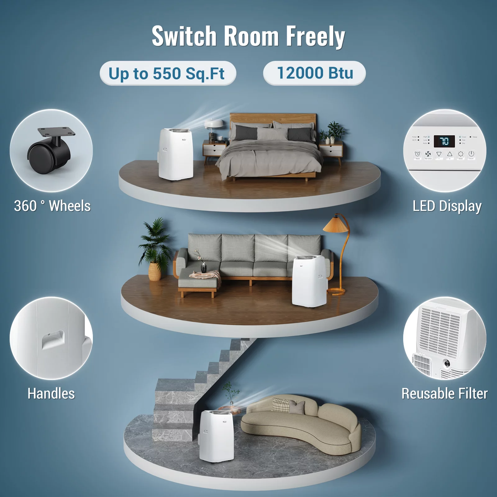 DuraComfort Room Portable Air Conditioners,  8150BTU (12000 BTU Ashrae) Smart WiFi, Built-in Cool, Dehumidifier, Fan, White