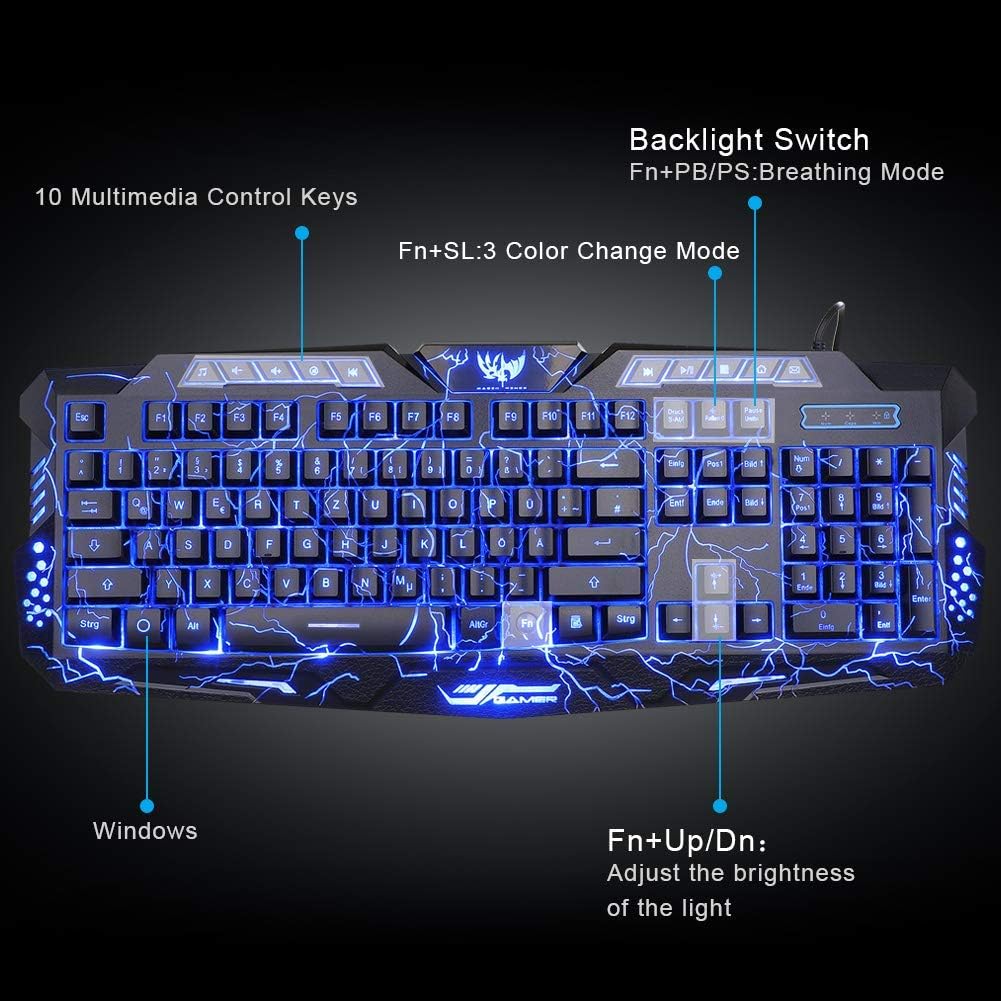 BlueFinger Backlit Gaming Keyboard and Mouse and LED Headset Combo,USB Wired 3 Color Crack Backlit Keyboard,Blue LED Light Gaming Headset