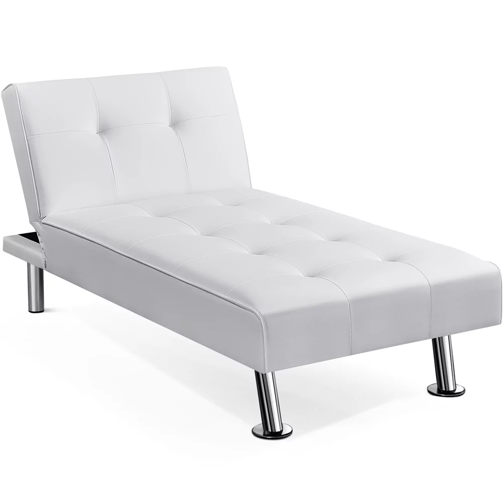 Yaheetech Faux Leather Chaise Lounge Convertible Futon Daybed With Chrome Metal Legs, White