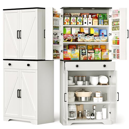 72" Tall Farmhouse Kitchen Pantry Cabinet, Large Storage Cabinet with 6 Adjustable Shelves, 4 Barn Doors & Drawer for Bathroom, Dining Room, Brown
