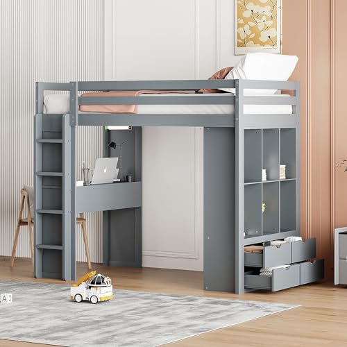 Full Size Loft Bed with Desk & Wardrobe, Solid Wood Kids Loft Bedframe w/3 Storage Drawers & 2 Shelves, Maximum Space Design, for Bedroom, Dorm, Gray