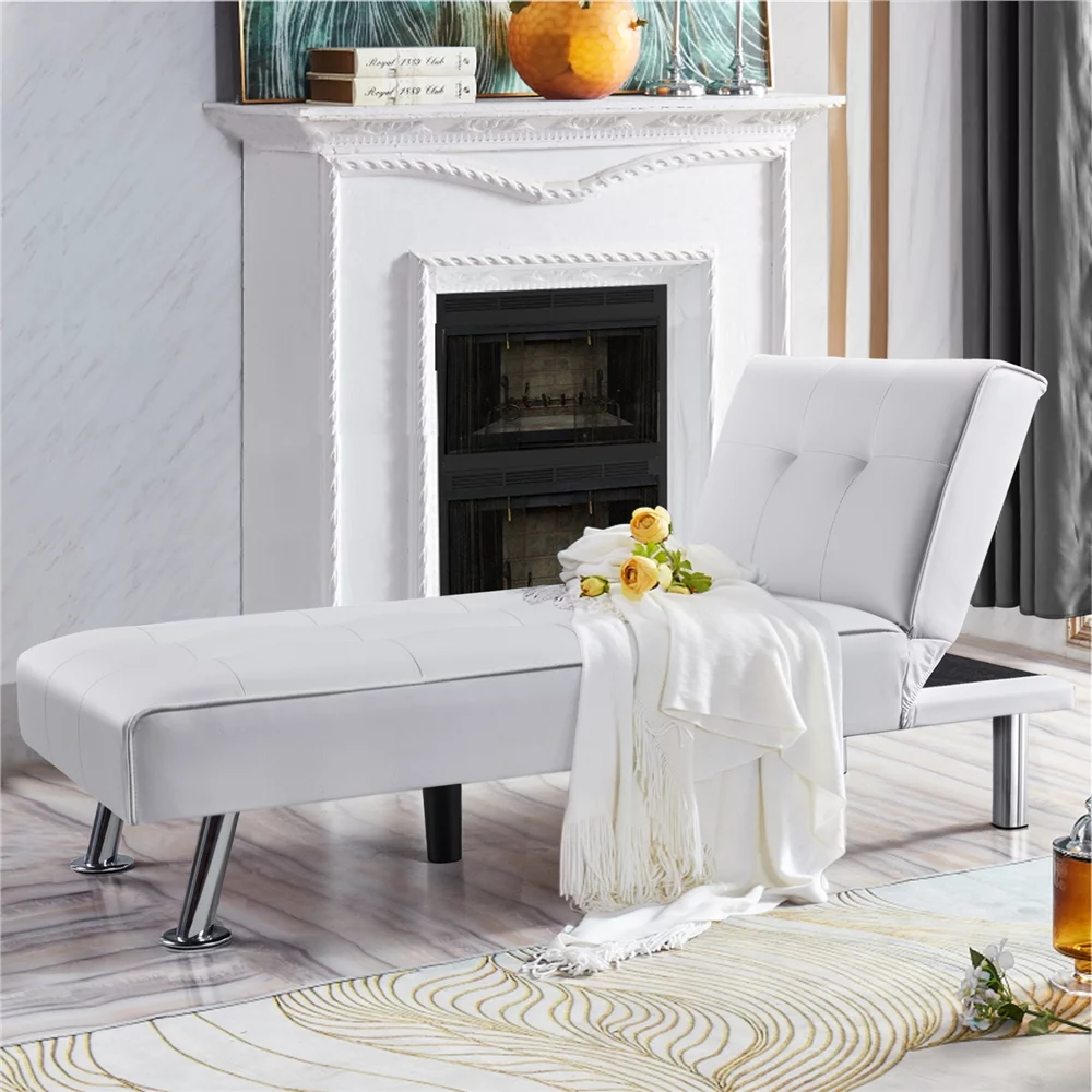 Yaheetech Faux Leather Chaise Lounge Convertible Futon Daybed With Chrome Metal Legs, White