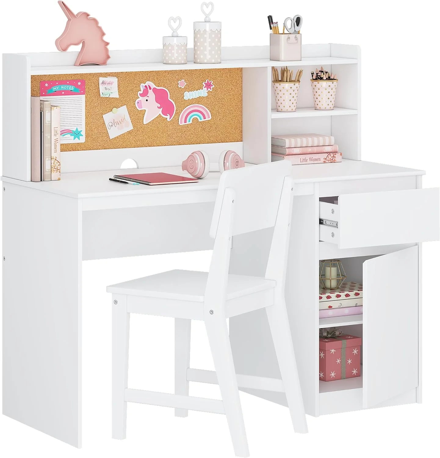 Spirich Kids Study Desk with Chair, Kids Desk and Chair Sets with Hutch and Storage Cabinet, Wooden Children Study Table