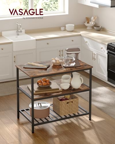 VASAGLE Kitchen Island with 3 Shelves, 47.2 Inches Width Kitchen Shelf with Large Worktop, Stable Steel Structure, Industrial, Easy to Assemble