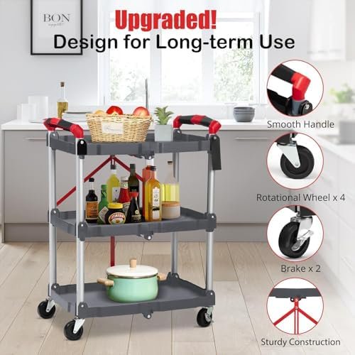 3-Tier Holds Foldable Utility Carts, Collapsible Service Rolling Carts with Wheels， for Home, Office, Garage