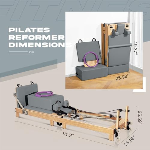 Pilates Reformer Machine, Quick-Assembly Foldable Studio Grade Pilates Equipment for Gym and Home, Oak Wood Pilates Reformer with Reformer Accessories