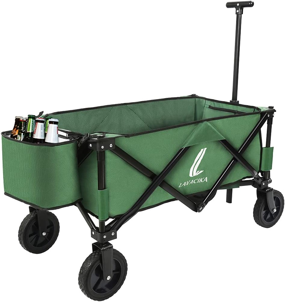Collapsible Utility Wagon Folding Wagon Cooler Garden Cart with Wheels Heavy Duty Camping Patio Shopping Cart for Sports Outdoor Camping (Green)