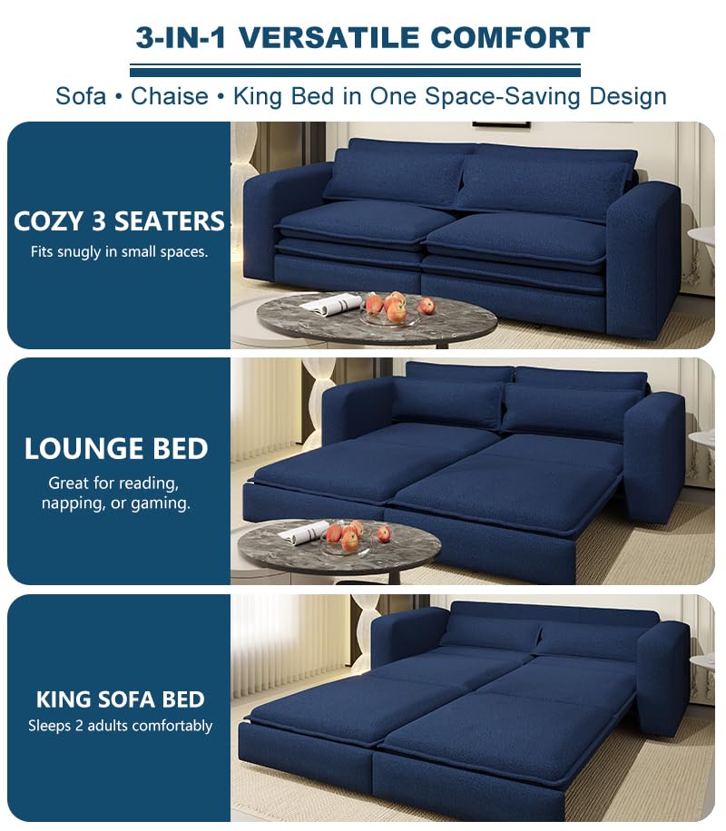 93" King Pull Out Sofa Bed, 3 in 1 Convertible Sleeper Sofa Couch, Comfy 3 Seater Sleeper Bed with 2 Pillows