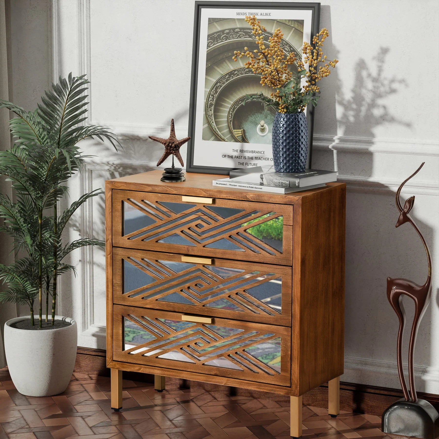 COZAYH  2-Door Accent Cabinet Modern Mirror Fronts Clean-Lined Silhouette, Natural