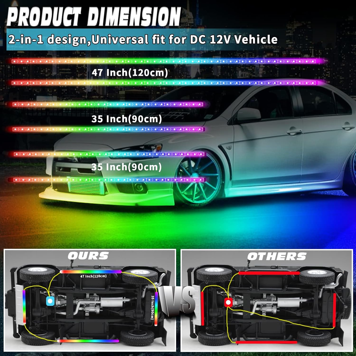 OPPBUY Car Underglow Lights,6PCS Dimmable RGB Underbody Exterior Car Strip Lights with APP Control,16 Million DIY Colors,210 Chasing Color,Music Mode