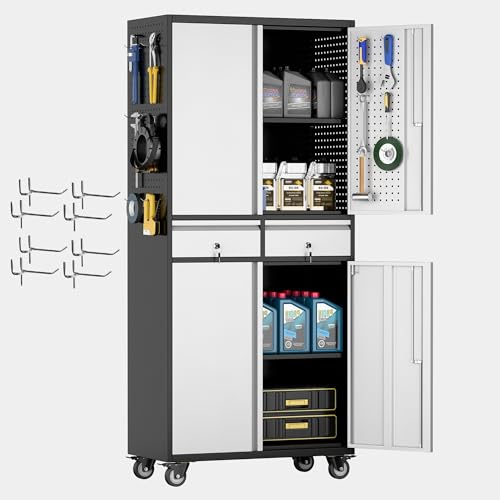 Aobabo 71" H×32" W×16" D Metal Storage Cabinet with Wheels, Garage Steel Storage Cabinet with 5 Adjustable Shelves and 4 Hooks for Home Office