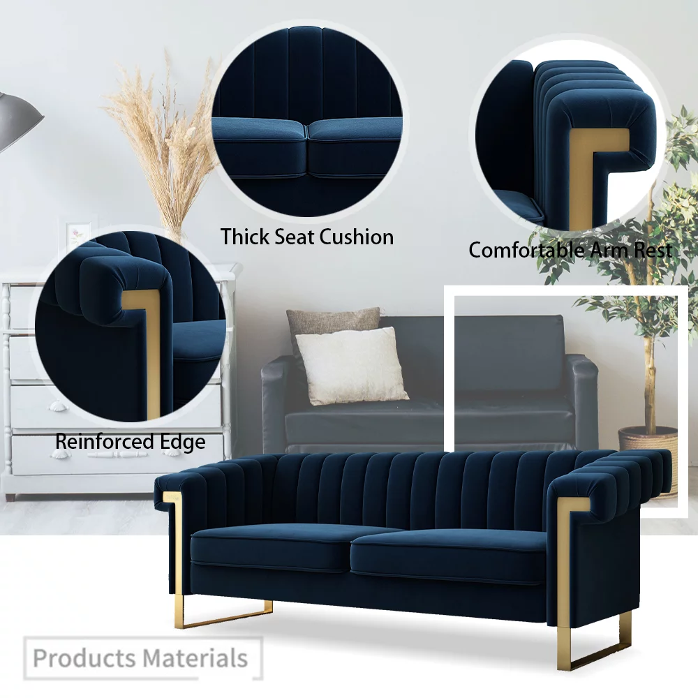 Velvet Sofa Couch, Modern Upholstered Sofa Couch, 84"L 3 Seater Sofa Couch, Mid-Century Velvet Sofa Couch for 3 with Tufted Back