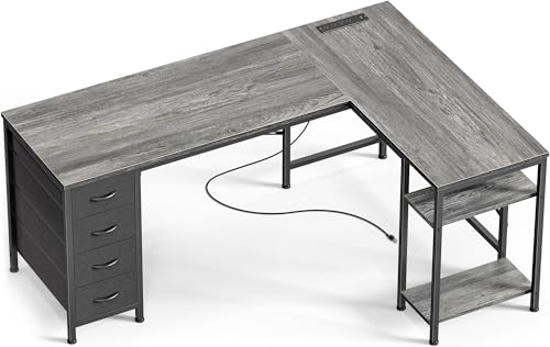 Huuger 63 Inch L Shaped Desk with Fabric Drawers, Reversible Computer Gaming Desk with Power Outlets and USB-C Port, Adjustable Side Storage Shelves