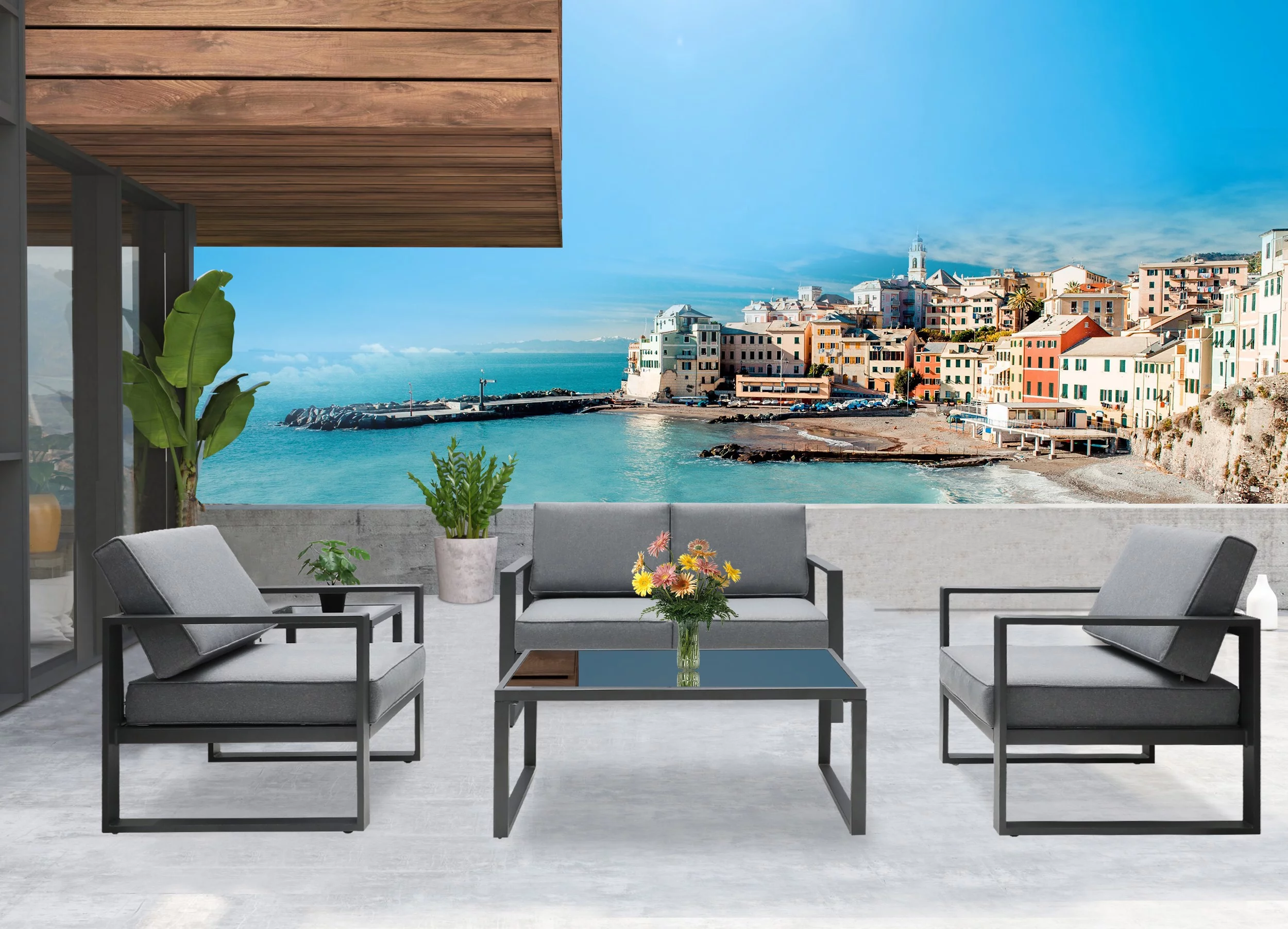 Superjoe 5 Pcs Aluminum Patio Furniture Set All Season Outdoor Couch Conversation Set Modern Metal Sectional Sofa with Ottomans 2 Tables, Gray