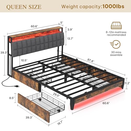YITAHOME Queen Size Bed Frame with RGB LED Lights and 4 Drawers, Upholstered Platform Bed with Charging Station and Storage Headboard