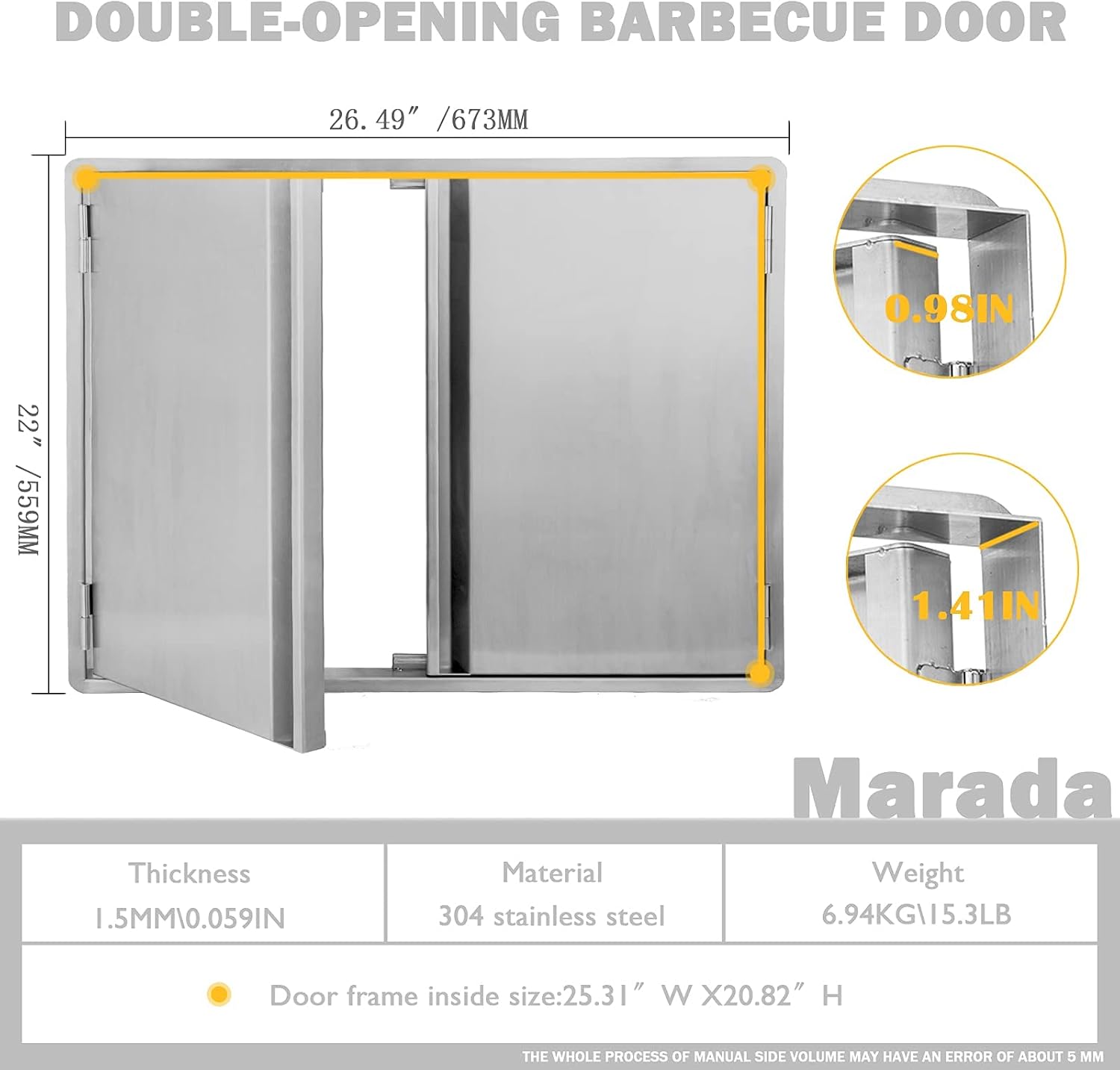 Marada BBQ Access Door Outdoor Kitchen 304 Brushed Stainless Steel Doors for Outdoor Kitchen, Outdoor Cabinet