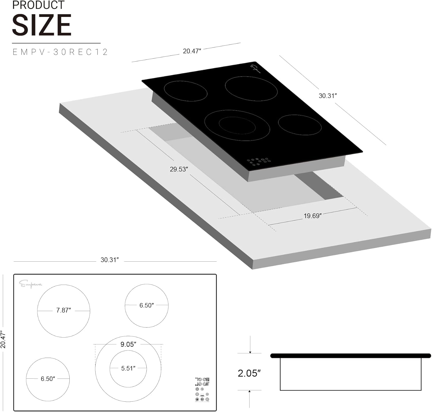 Empava 30 inch Electric Cooktop Built in Radiant Stove 4 Burners Including Dual Zone Element All Kinds of Cookware, ETL Certified,240V Hard Wired