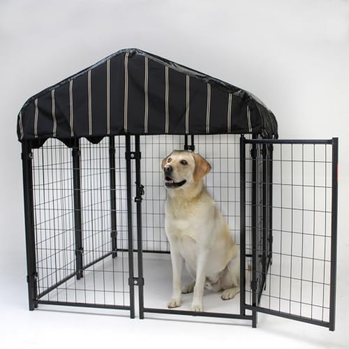 Stay Series 4 by 4 by 4.3 Feet Studio Jr. Black Powder Coat Steel Frame Outdoor Dog Kennel with Waterproof Canopy Roof and Gate Door, Khaki