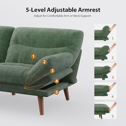 Pipishell Convertible Futon Sofa Bed,66" Corduroy Futon Couch with Adjustable Backrest and Armrests, Recliner Sleeper Sofa for Small Spaces