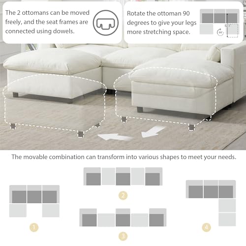 Merax 86.5" Sectional Sofa with Storage Pockets & Removable Ottomans, 5 Seat U Shaped Sleeper Cloud Couch Set