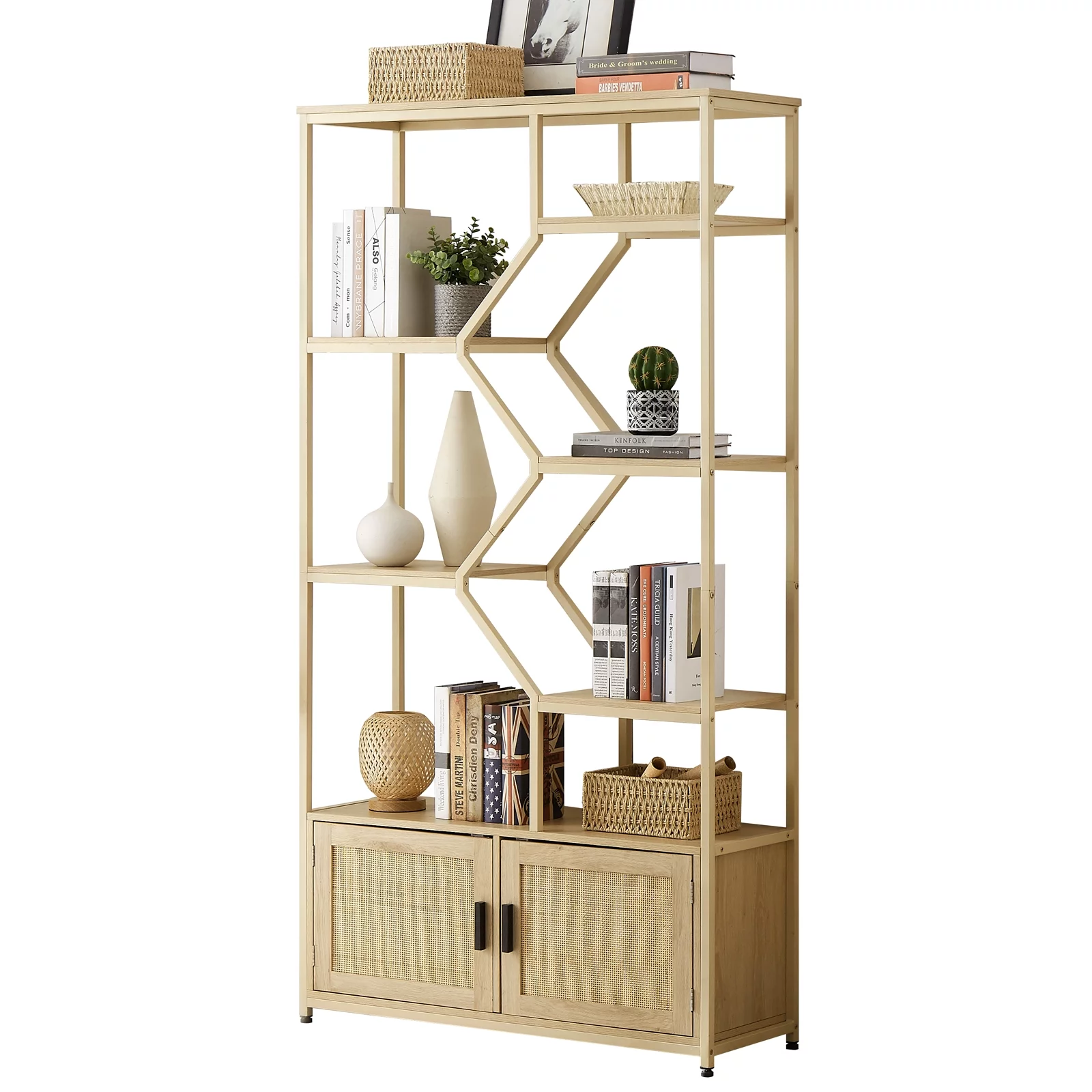 YISUYA Rattan Bookshelf 7 Tiers Bookcases Storage Rack, Rattan Bookshelf with Storage Cabinet, 7 Tiers Bookcases Storage Shelf with Doors