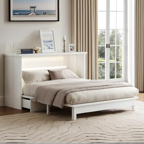 Queen Murphy Bed with Desk and Removable Shelves on Each Side, Murphy Bed Chest Murphy Bed Frame w/USB Port for Home Office, Studio or Guest Room