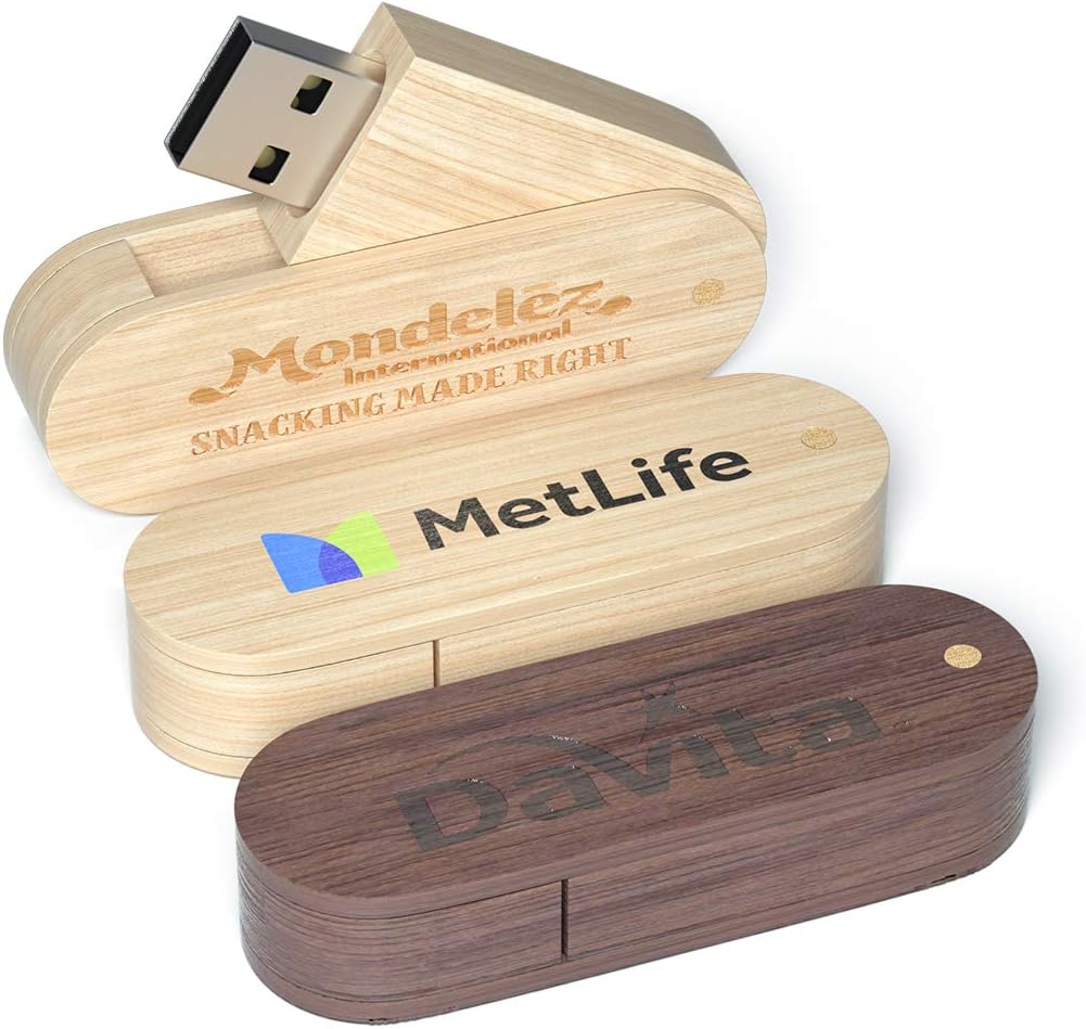 Possibox Custom Swivel Wooden USB 2.0 Flash Drive 128MB Imprinted or Engraved with Your Logo - Bulk Wholesale Promotional - 50 Pack
