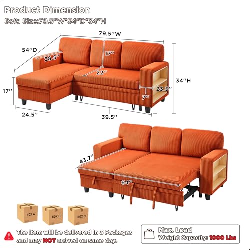 RedLemon 80” Sleeper Sofa Bed,L-Shaped Convertible Sectional Couch with Storage Chaise,2 Built-in Bookshelves and USB Charging Port
