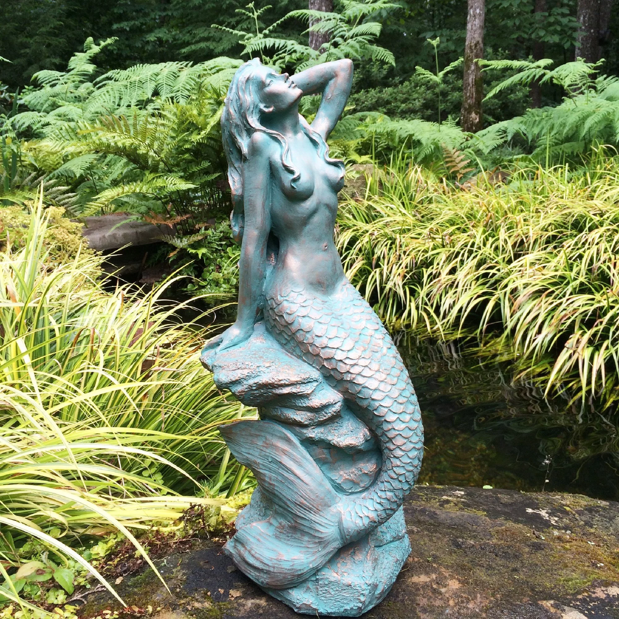 Homestyles 28 in. Giant Sexy Mermaid Sitting on Coastal Rock In Bronze Patina Beach Nautical Garden Statue
