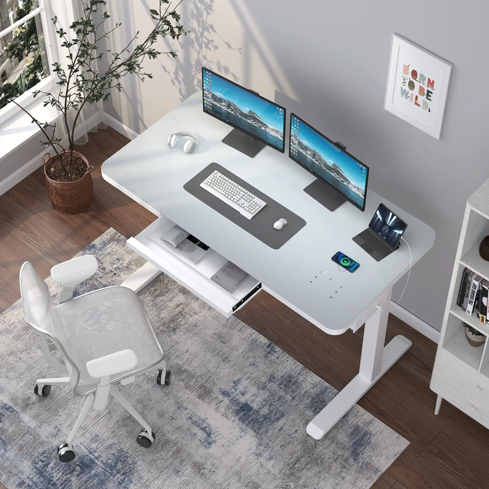 ADOFFUR Electric Glass Standing Desk with Drawers, Dual Motor Height Adjustable Desk with Touch Control &Wireless Charging&Power Outlet Strip, White