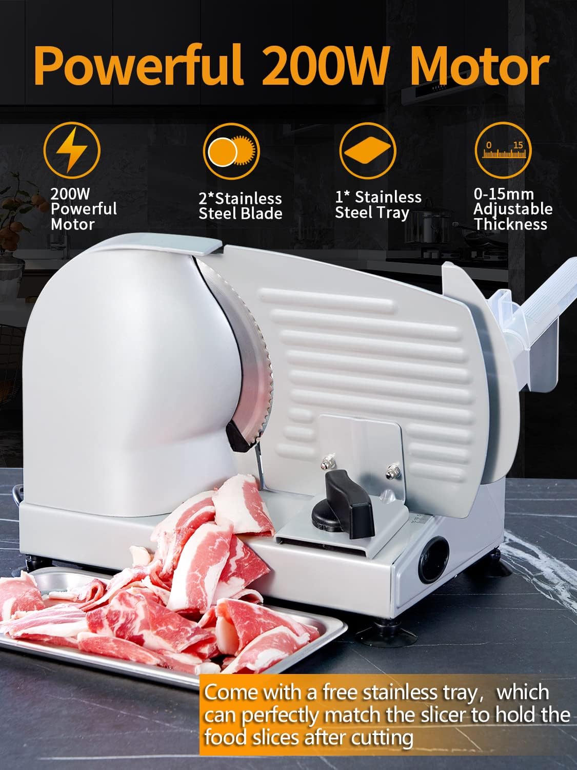 Meat Slicer, 200W Electric Food Slicer with 2 Removable 7.5" Stainless Steel Blades and Stainless Steel Tray, Child Lock Protection