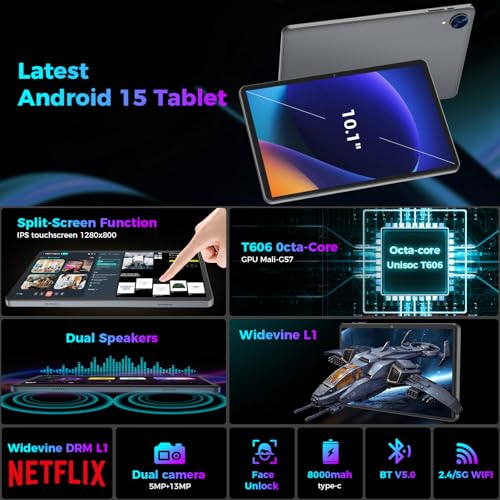 Android 15 Tablet with Keyboard, 26GB RAM, 256GB ROM(2TB Expand), 10.1 inch Octa-Core Tablets, 5G/2.4G WiFi, 8000mAh Battery, BT 5.0, GMS Certified