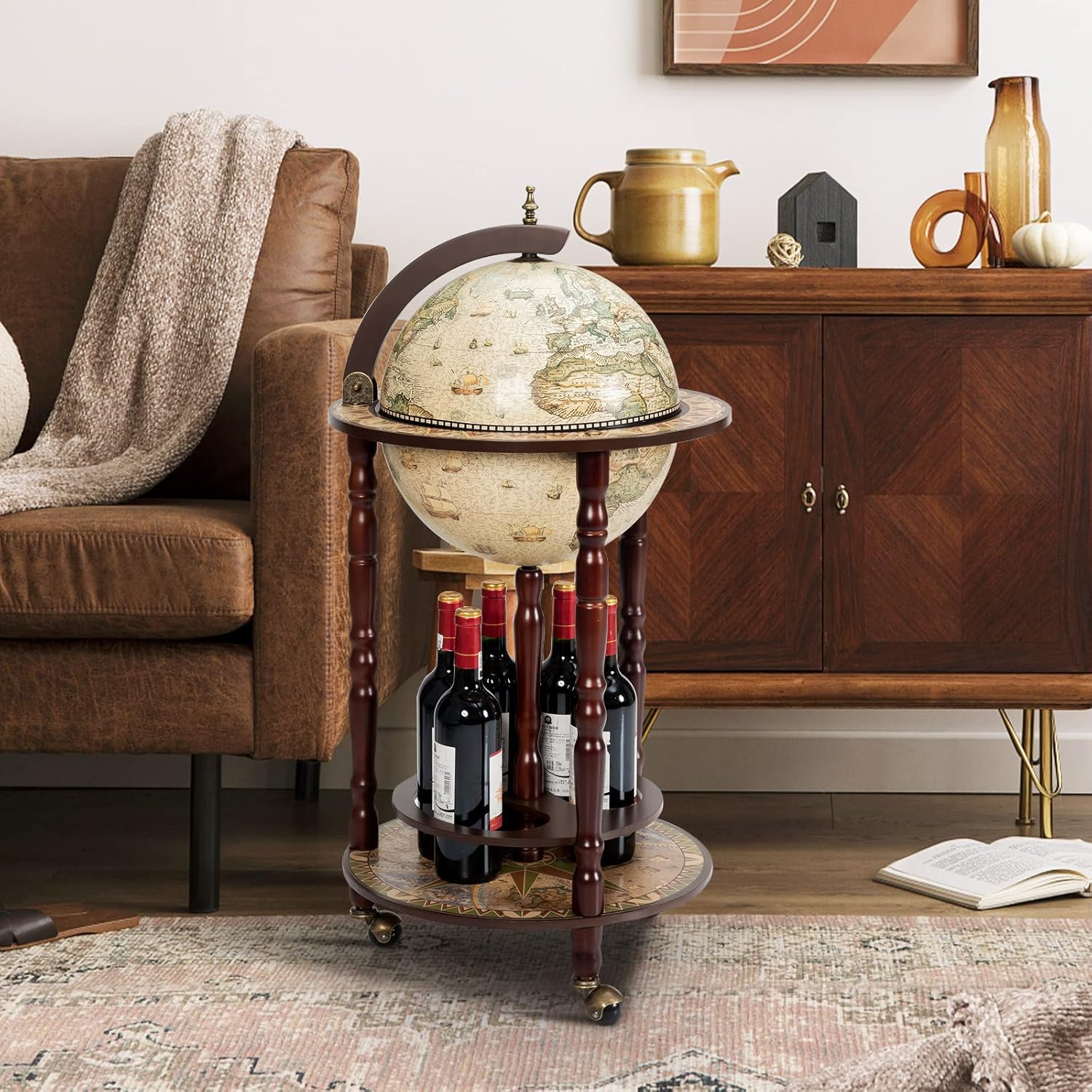 Globe Bar, Wood Globe Wine Bar Stand, 16th Century Italian Rack Liquor Bottle Shelf, Replica Globe Bar Liquor Cabinet w/Wheels