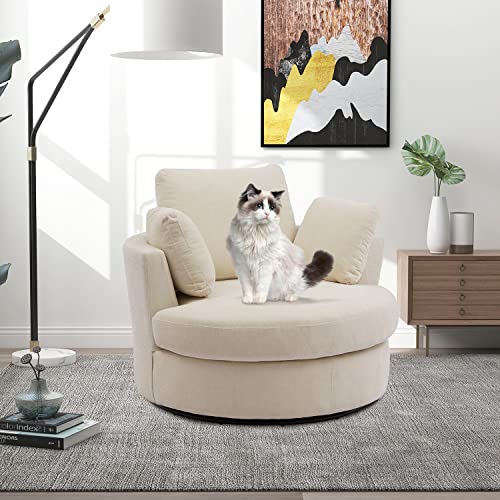 42" W Chenille Swivel Barrel Chair Swivel Accent Sofa with 3 Pillows, 360 Degree Loveseat Modern Oversized Arm Chair Cozy Club Chair for Bedroom