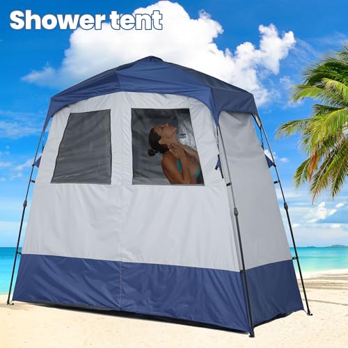 Camping Shower Tent Deluxe Changing Room Easy Set Up Privacy Shelter,Large Toilet Tent 2 Rooms with Floor Drain Design for Beach, Camping