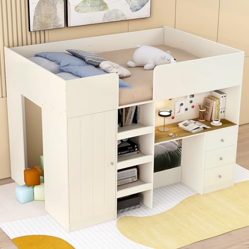 Harper & Bright Designs Full Size Loft Bed with Desk, Wood Full Loft Bed Frame with Built-in Wardrobe, Storage Shelves and Drawers, Gray
