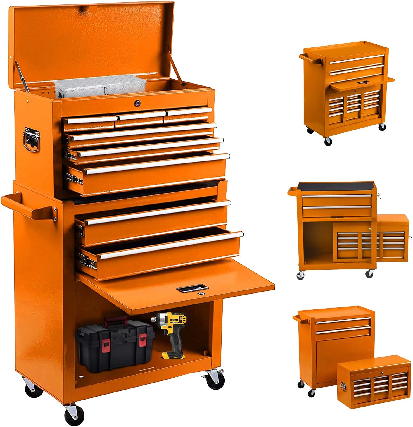 8-Drawer Rolling Tool Chest 2 in 1 High Capacity Tool Box Detachable Organizer Tool Storage Cabinet with 4 Wheels & Lockable Lined Drawers for Garage