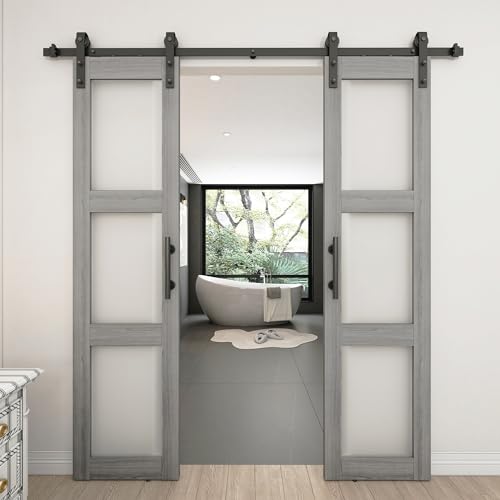 BARNSMITH 21x84in Double Glass Barn Door with 7FT Brushed Nickle Sliding Door Hardware Kit Included & Handle
