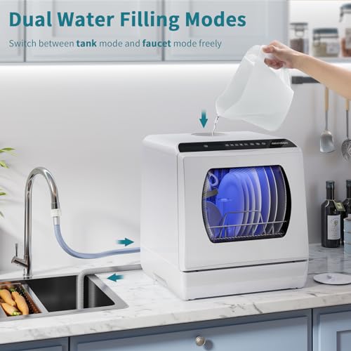 AIRMSEN AE-TDQR03 Portable Countertop Dishwasher, Compact Mini Dish Washer with 5-Liter Built-in Water Tank and Air-Dry Function, 5 Washing Programs