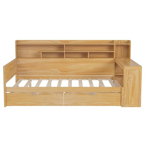 Corner Twin Bed Frame with Bookcase Storage and Desk, Wood Day Beds with 2 Drawers, Twin Size Daybed with Storage for Living Room