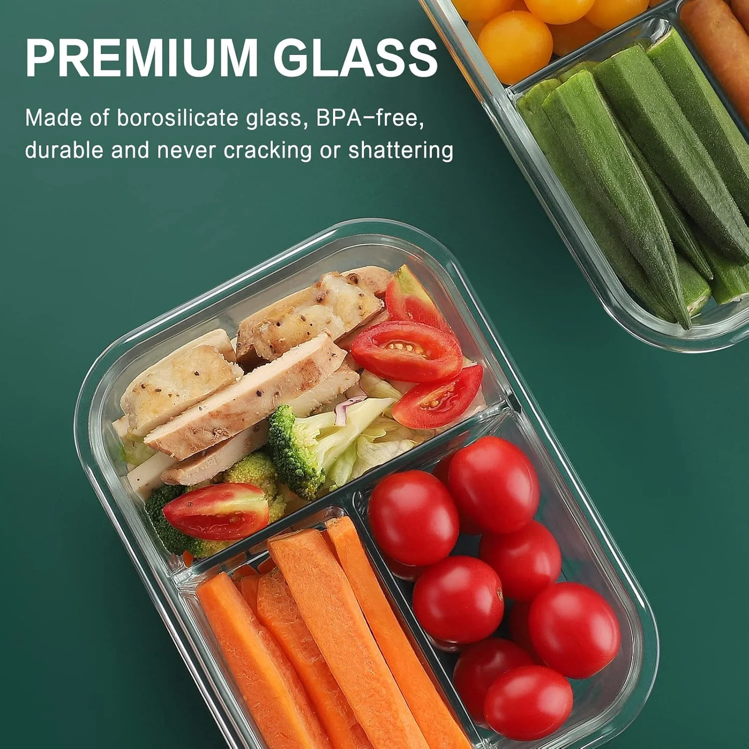 8 packs of 36 oz glass meal preparation container 3 compartments with lid, sealed lunch bento box