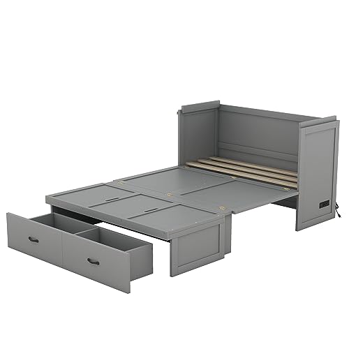 Queen Size Murphy Bed Wall Beds with Storage Shelves,Hide Away Bed Frame Easily Folds into Wood Cabinet,W/Mattress Holder,for Small Space,Guest Room