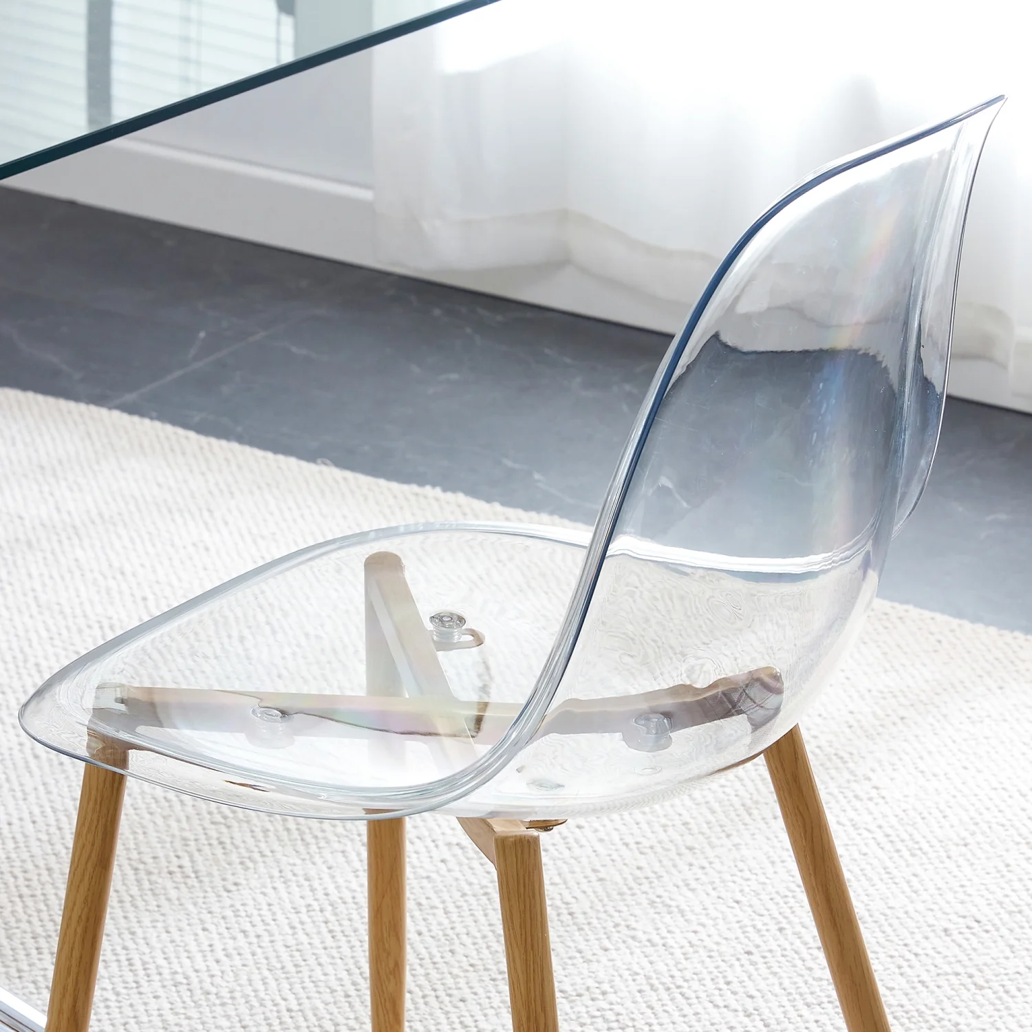 Holaki 1 Table and 4 Chairs Set. Glass Dining Table, 0.31 "Tempered Glass Tabletop and Wood Grain Metal Table Legs . Table Size: 47" W x 31"D x 30" H