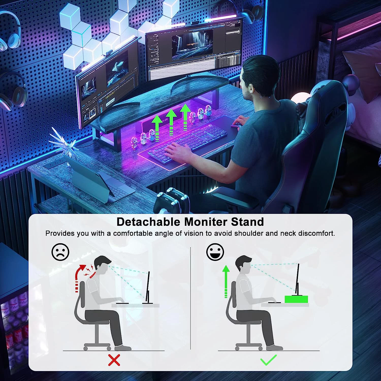 Homieasy L Shaped Desk with Power Outlet & USB Ports, 47 Inch Reversible L-Shaped Gaming Desk with LED Strip & Monitor Stand
