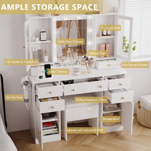 Makeup Vanity Desk with Mirror and Lights, White Vanity Table Set with Storage Drawers, Charging Station, Cabinets & Chair