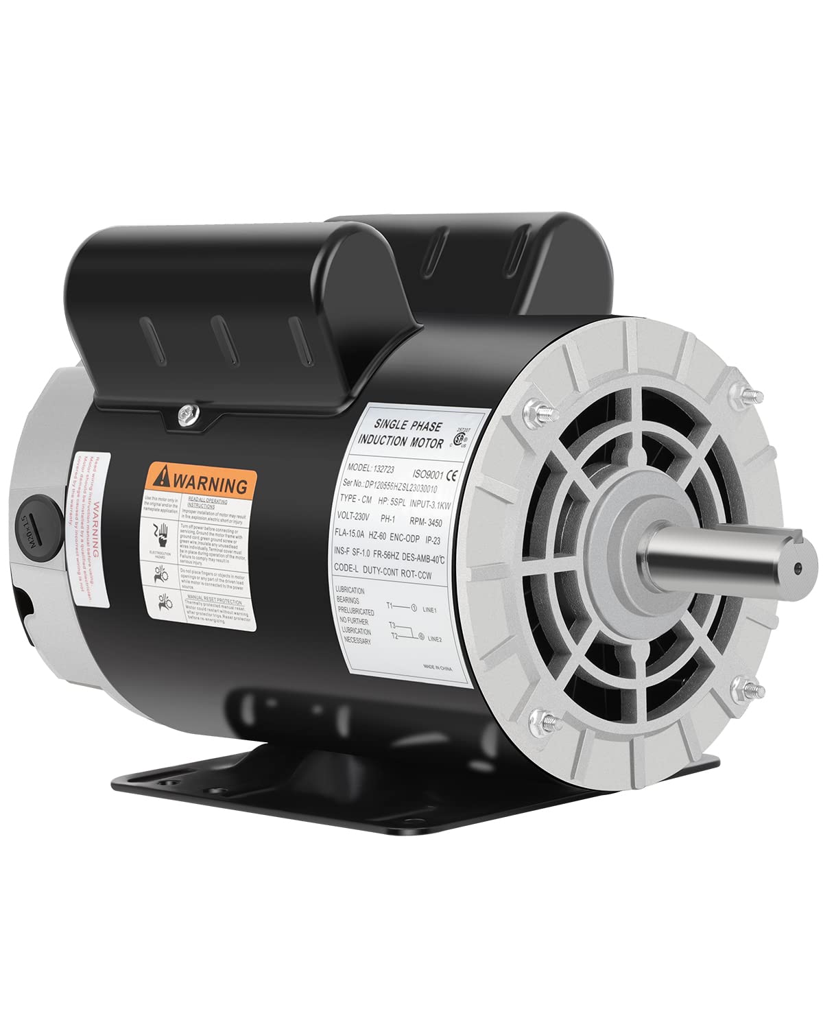 5 HP SPL Air Compressor Motor, 3450 RPM Electric Motor, 230V Single Phase Motor, 56HZ Frame 7/8" Keyed Shaft 60 Hz, Commercial-Duty CCW Rotation