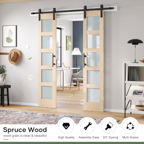 42x84 inch Glass Sliding Barn Door Slab with 7ft Hardware Kit Included, 5-Panel Frosted Glass, Spruce Wood Support DIY Dyeing, Easy Assembly