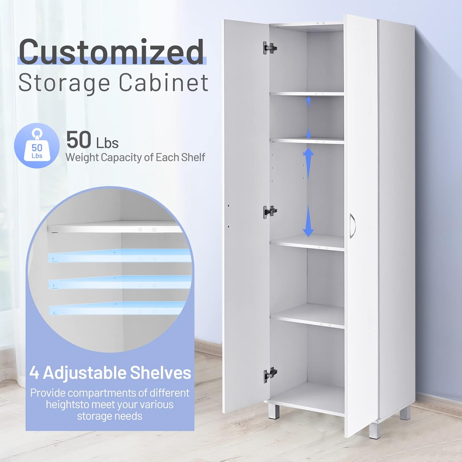 DORTALA 2-Door Tall Storage Cabinet, Morden Kitchen Pantry Cupboard Organizer w/ 5 Shelves, Wood Utility Floor Storage Cabinet